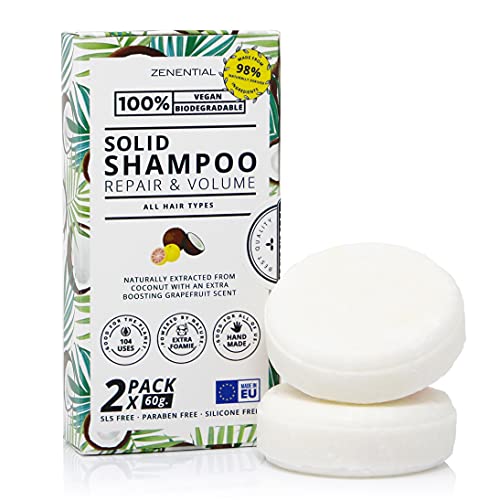 Champú Sólido, 2 Pack 60g - Reparación y Volumen - Todo tipo de cabello - 100% Vegano y biodegradable. Libre de sulfatos y parabenos - de Zenential